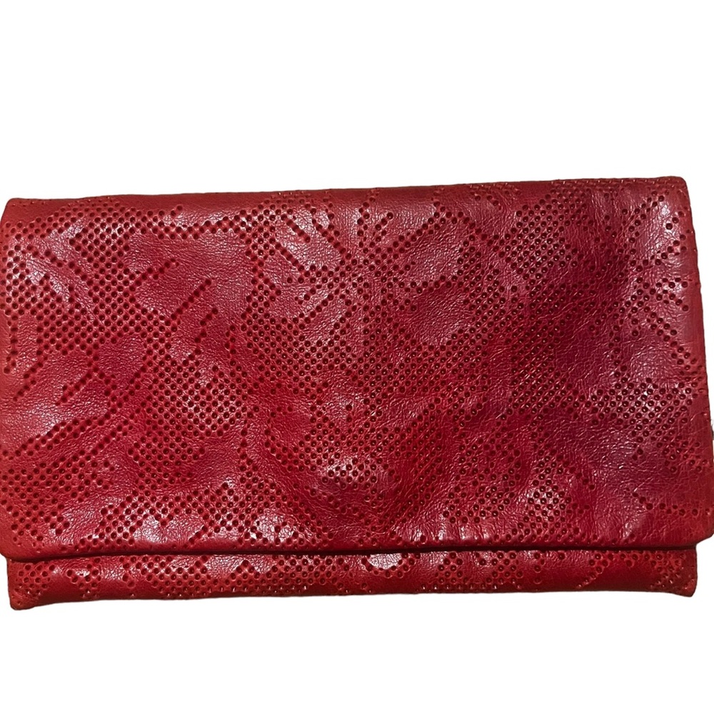 ABRO Genuine Leather Red Floral Envelope Clutch Bag